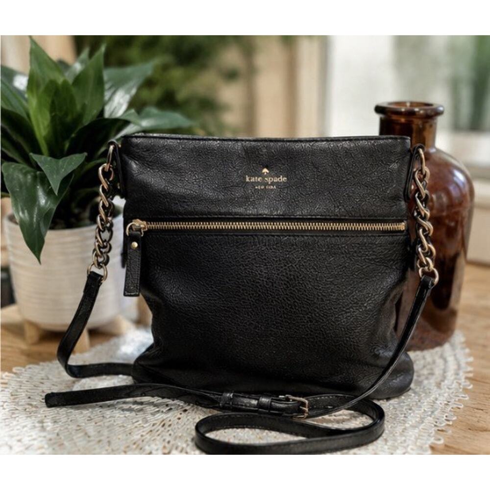 Kate Spade New York Black Leather Crossbody Purse Chain Detail Striped Lining